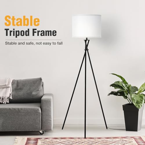 Luvkczc Floor Lamp for Living Room, 61'' Modern Tripod Floor Lamps with White Shade & Rotary Switch, Black Floor lamp for Bedroom, Office, Simple Design Lamp - Image 3