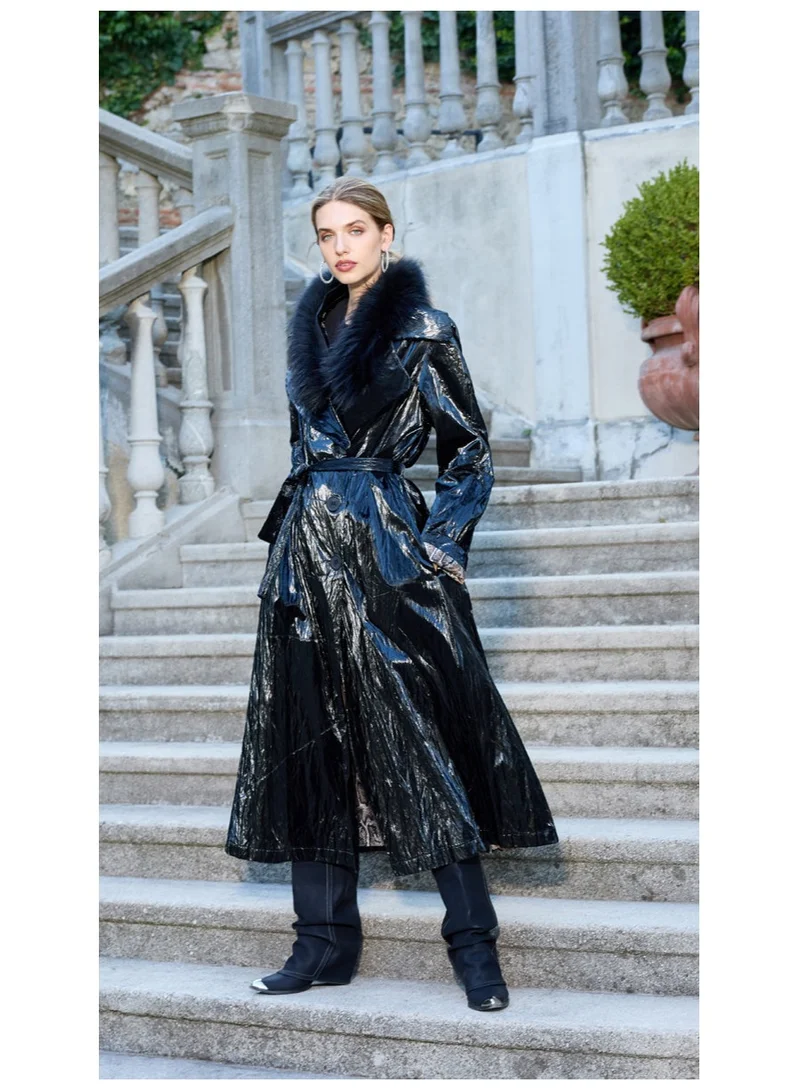 MissWhence  Patent Leather Overcoat - Black for Women | Best Price UAE