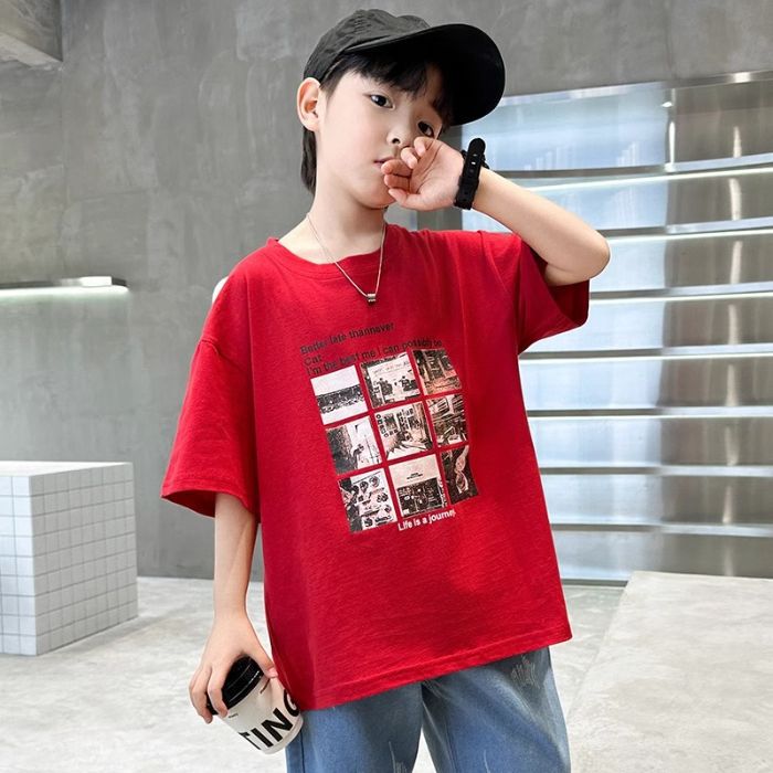 Boys' Short-Sleeved Handsome Niche T-Shirt New Summer Children'S Summer Pure Cotton Boys Internet Celebrated T-Shirt Trendy Cool Top - Image 1