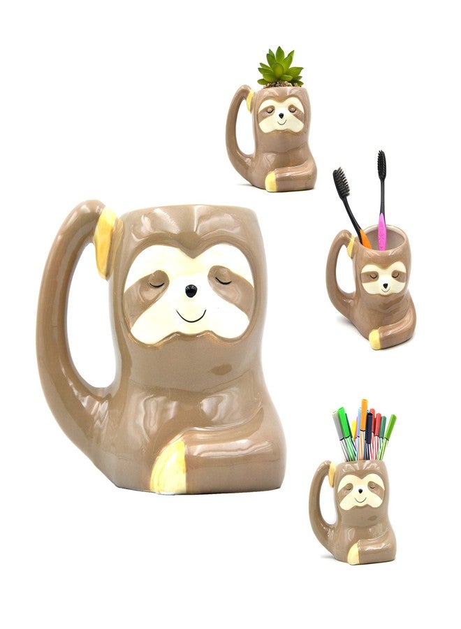 MONMOB 3.9 Inch Ceramic Sloth Shaped Cup Pen Holder Pencil Holder/Sloth Toothbrush Holder Cup Brush Holder Cute Desk Accessories Multipurpose Pot Sloth Gifts Ideal Gifts for Women, Mom or Birthdays - Image 2