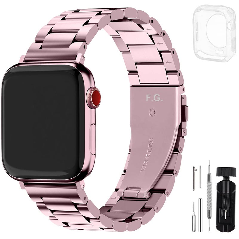 Fullmosa Metal Band Compatible with Apple Watch Bands 45mm 44mm 42mm, iWatch Band with Case for Apple Watch Series 9 8 7 6 5 4 3 2 1 SE3/2/1, Rose Pink - Image 1