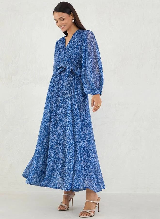 Femmella Blue Paisley Print Wrap Maxi Dress