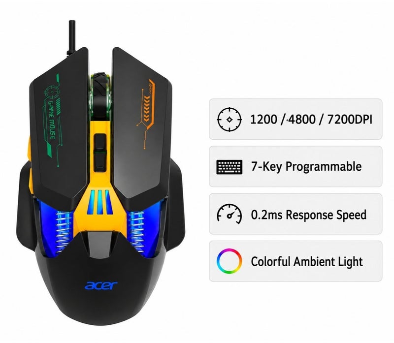 أيسر ماوس ألعاب سلكي OMW212، مزود بـ 7 أزرار قابلة للبرمجة، إضاءة RGB، دقة تصل إلى 7200 نقطة في البوصة (DPI)، منفذ USB، لون أسود. - Image 3