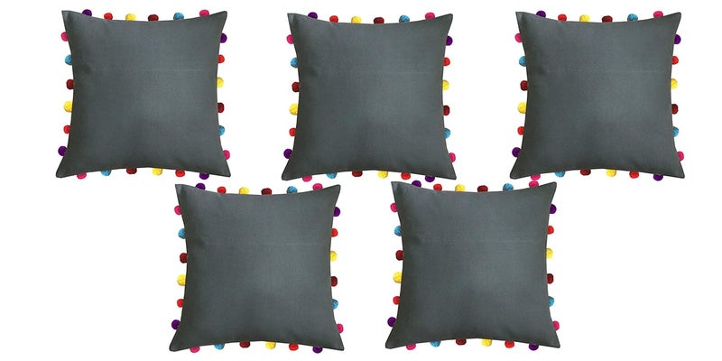 Lushomes Cushion Cover 18x18 Boho Cushion Covers Sofa Pillow Cover Cushion Covers with Tassels Cushion Cover with pom pom 18x18 Inches Set of 5 Grey - Image 1