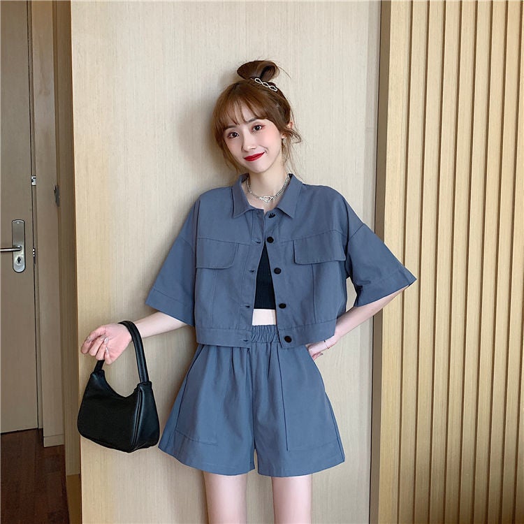 Workwear suit womens Korean style western style hot girl Summer versatile fashion junior high school student loose shorts two-piece suit Apricot  - Image 2