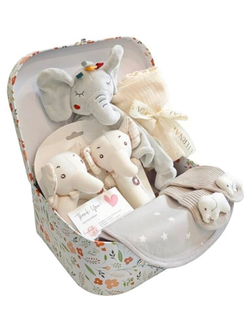 XiuWoo New Baby 7-in-1 Baby Gift Set with Cartoon Security Blanket,Cozy Blanket,Socks and Rattle Toy – Newborn Gift Basket Includes 6 Essentials New Born Baby Gift Box (Elephants) - Image 1