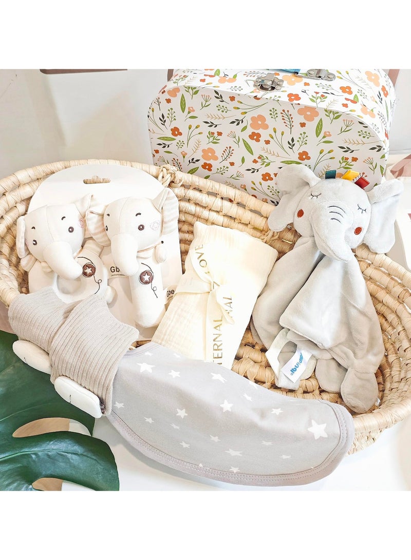 XiuWoo New Baby 7-in-1 Baby Gift Set with Cartoon Security Blanket,Cozy Blanket,Socks and Rattle Toy – Newborn Gift Basket Includes 6 Essentials New Born Baby Gift Box (Elephants) - Image 2