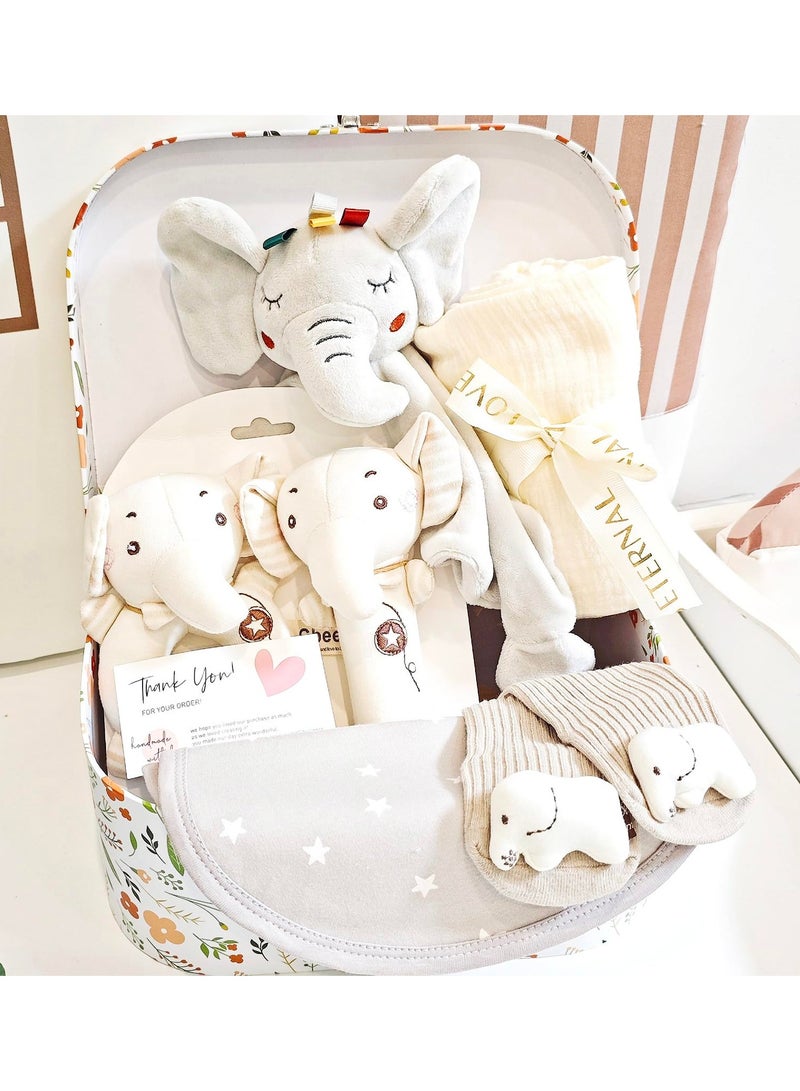 XiuWoo New Baby 7-in-1 Baby Gift Set with Cartoon Security Blanket,Cozy Blanket,Socks and Rattle Toy – Newborn Gift Basket Includes 6 Essentials New Born Baby Gift Box (Elephants) - Image 3