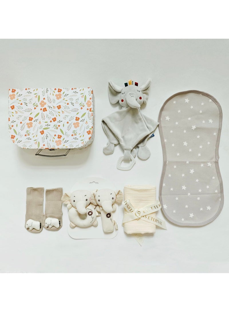 XiuWoo New Baby 7-in-1 Baby Gift Set with Cartoon Security Blanket,Cozy Blanket,Socks and Rattle Toy – Newborn Gift Basket Includes 6 Essentials New Born Baby Gift Box (Elephants) - Image 4