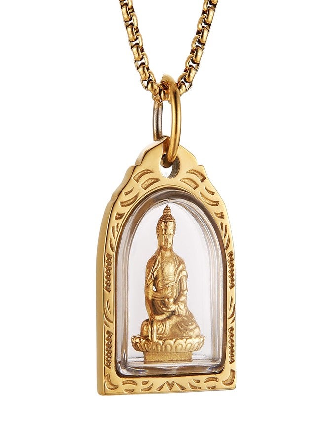 HZMAN Men Women Meditation Buddha Necklace Stainless Steel Head & Praying Hand Pendant Necklace Yogi Jewelry (Gold Meditation Amulet) - Image 1