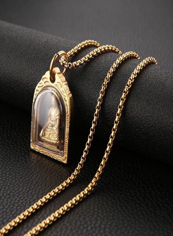 HZMAN Men Women Meditation Buddha Necklace Stainless Steel Head & Praying Hand Pendant Necklace Yogi Jewelry (Gold Meditation Amulet) - Image 5