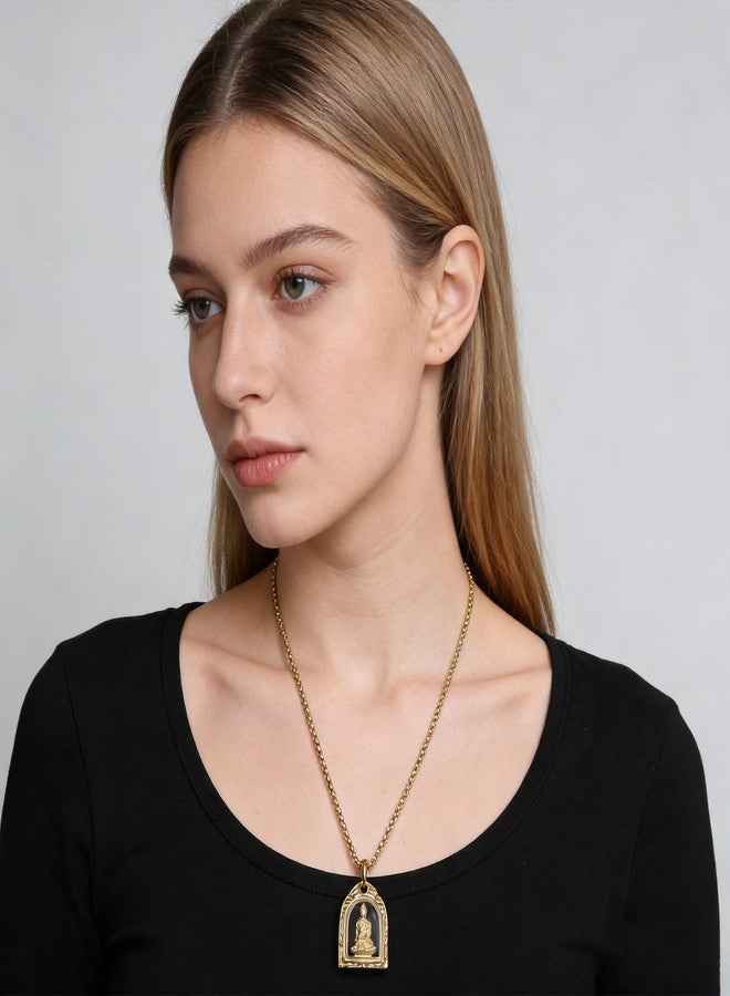 HZMAN Men Women Meditation Buddha Necklace Stainless Steel Head & Praying Hand Pendant Necklace Yogi Jewelry (Gold Meditation Amulet) - Image 3