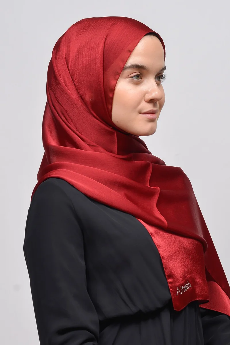 Altobeh Janjan Shiny Satin Textured Hijab Evening Dress Chiffon Shawl-Burgundy