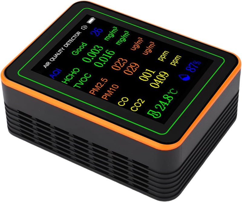 جودة مطابقة لسوق السعودية جهاز كشف جودة الهواء القابل لإعادة الشحن SUNGOOYUE لقياس CO2 HCHO TVOC PM2.5 PM10 لغرفة المعيشة والمكتب، شاشة ABS / كابل USB واحد (برتقالي أسود) - Image 3