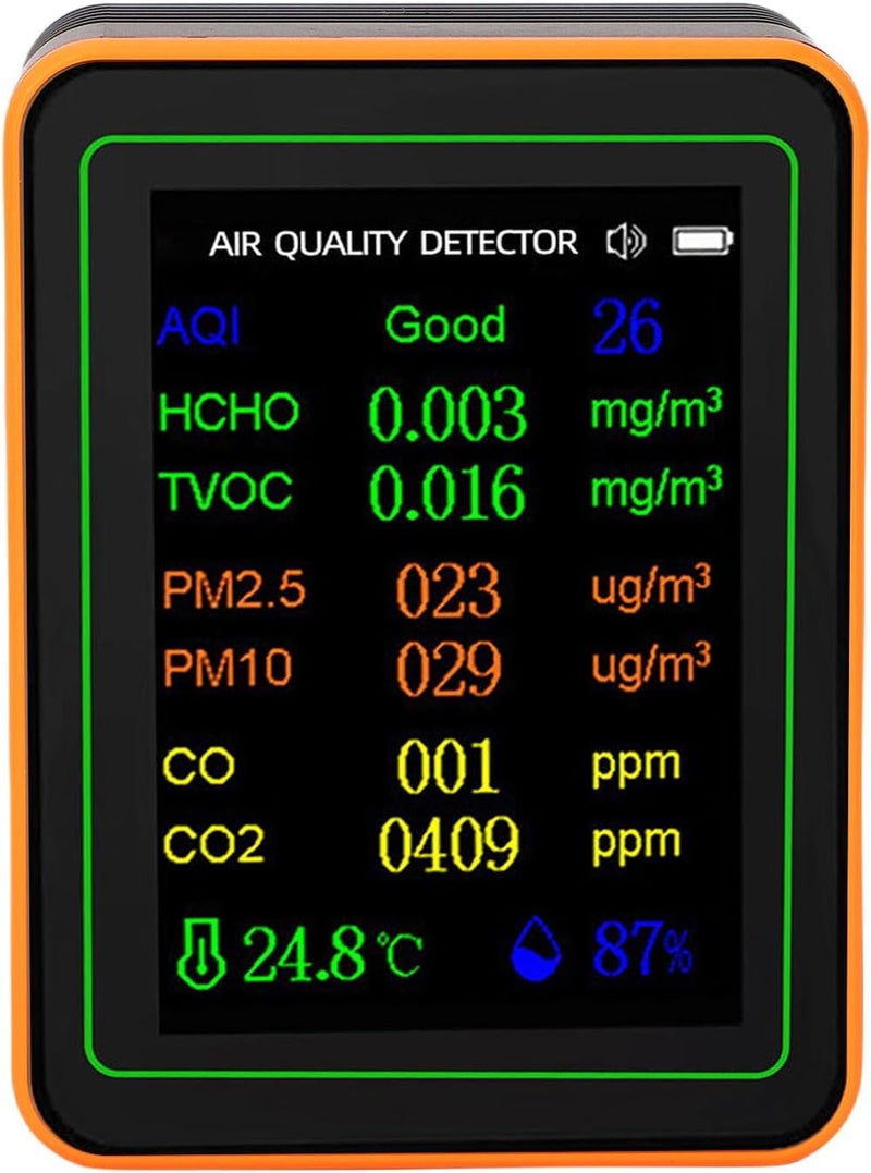 جودة مطابقة لسوق السعودية جهاز كشف جودة الهواء القابل لإعادة الشحن SUNGOOYUE لقياس CO2 HCHO TVOC PM2.5 PM10 لغرفة المعيشة والمكتب، شاشة ABS / كابل USB واحد (برتقالي أسود) - Image 4