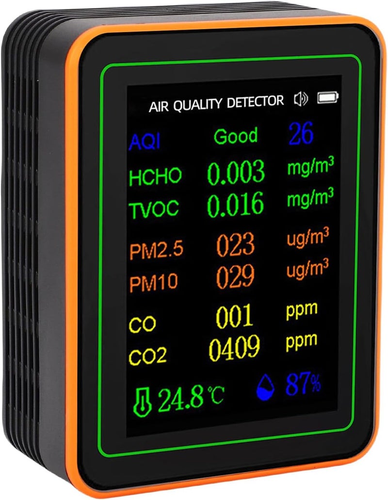 جودة مطابقة لسوق السعودية جهاز كشف جودة الهواء القابل لإعادة الشحن SUNGOOYUE لقياس CO2 HCHO TVOC PM2.5 PM10 لغرفة المعيشة والمكتب، شاشة ABS / كابل USB واحد (برتقالي أسود) - Image 2