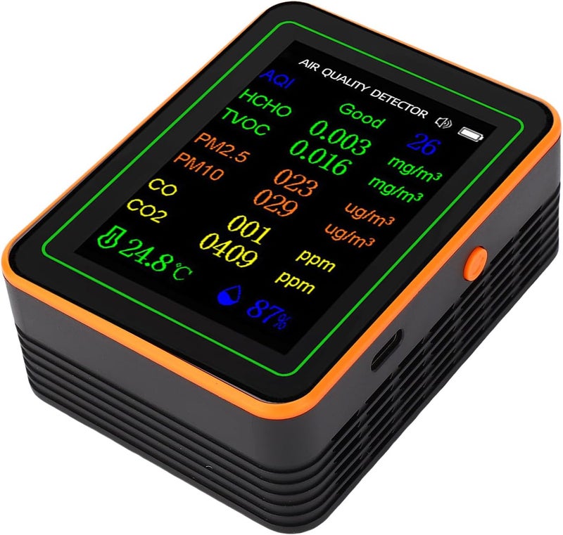 جودة مطابقة لسوق السعودية جهاز كشف جودة الهواء القابل لإعادة الشحن SUNGOOYUE لقياس CO2 HCHO TVOC PM2.5 PM10 لغرفة المعيشة والمكتب، شاشة ABS / كابل USB واحد (برتقالي أسود) - Image 5