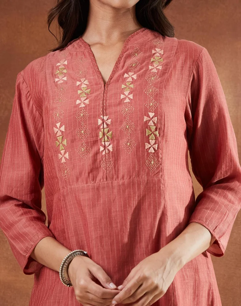 Fabindia  Peach Cotton Silk Blend Hand Embroidered Slim Fit Long Kurta for Women | Best Price UAE