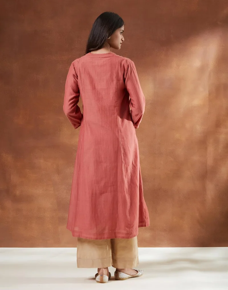 Fabindia  Peach Cotton Silk Blend Hand Embroidered Slim Fit Long Kurta for Women | Best Price UAE
