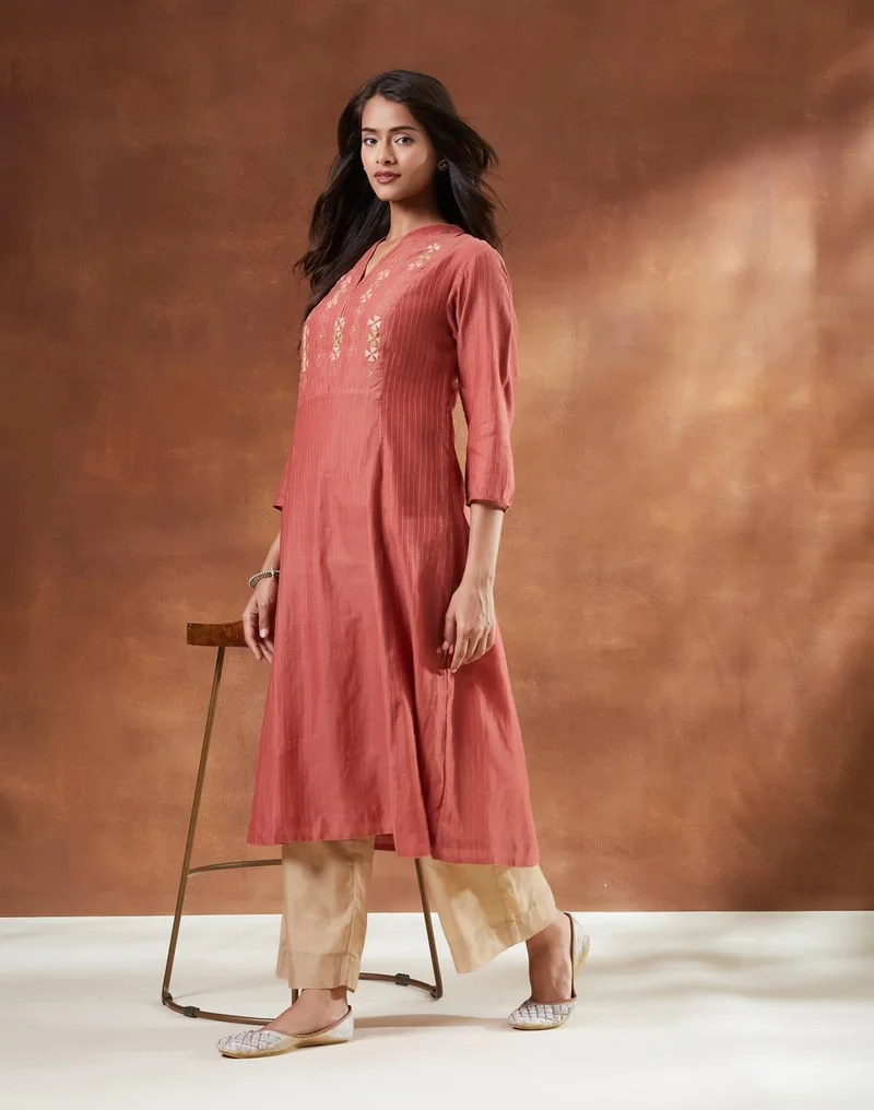 Peach Cotton Silk Blend Hand Embroidered Slim Fit Long Kurta