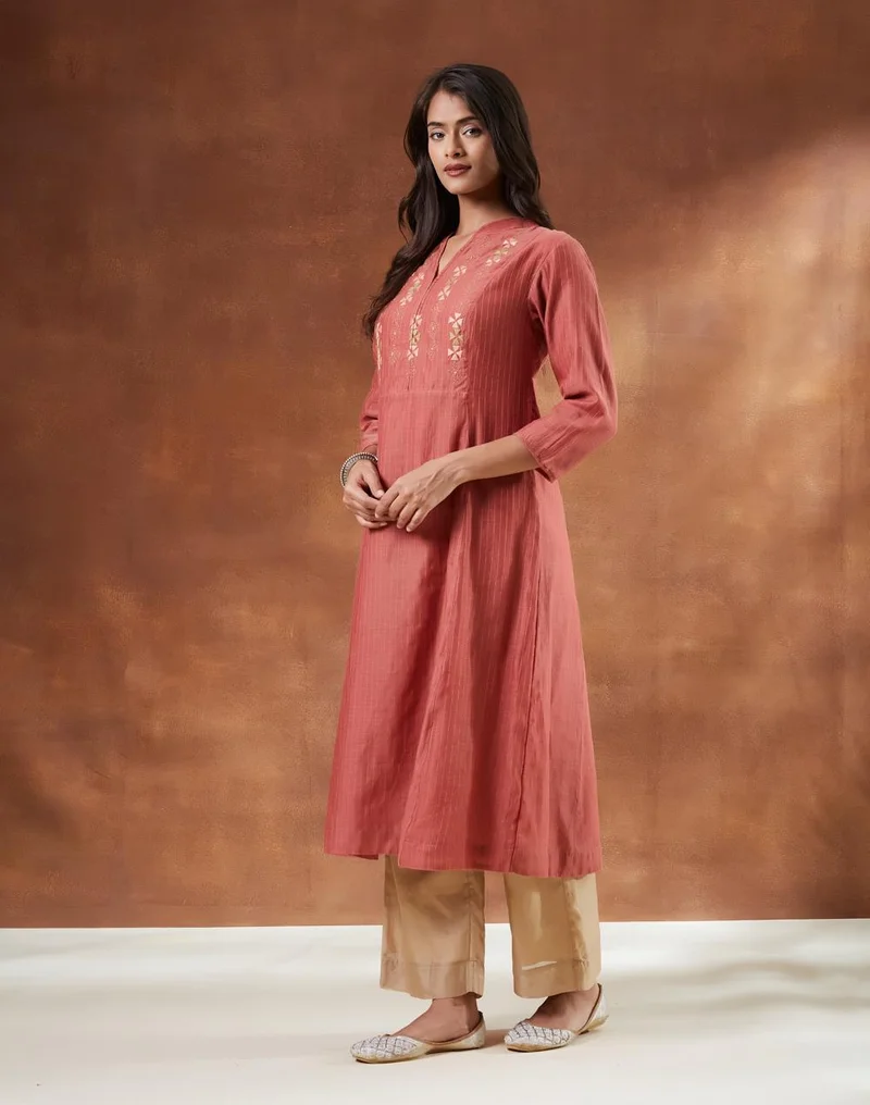Fabindia  Peach Cotton Silk Blend Hand Embroidered Slim Fit Long Kurta for Women | Best Price UAE