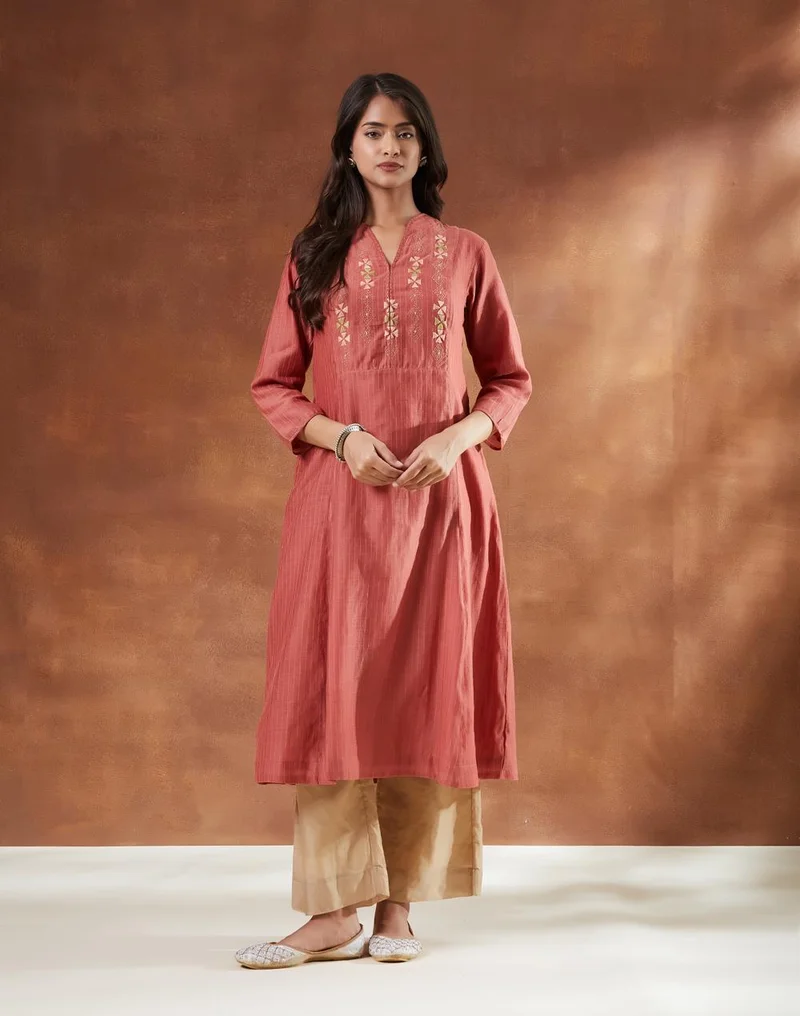Fabindia  Peach Cotton Silk Blend Hand Embroidered Slim Fit Long Kurta for Women | Best Price UAE