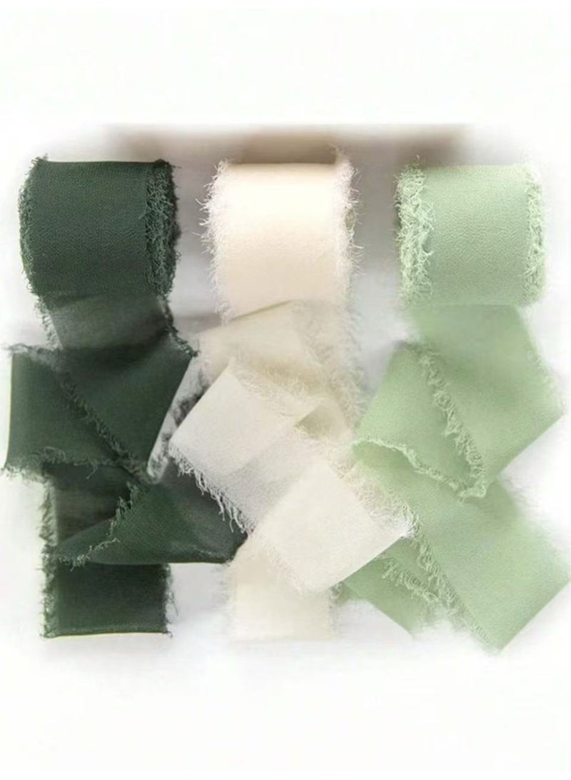 3 لفات من شرائط الشيفون الحريرية المصنوعة يدويًا ذات الحواف الخام وشريط الساتان وربطة عنق زهور الزفاف وشريط الباقة باللونين الأخضر والأبيض - Image 1