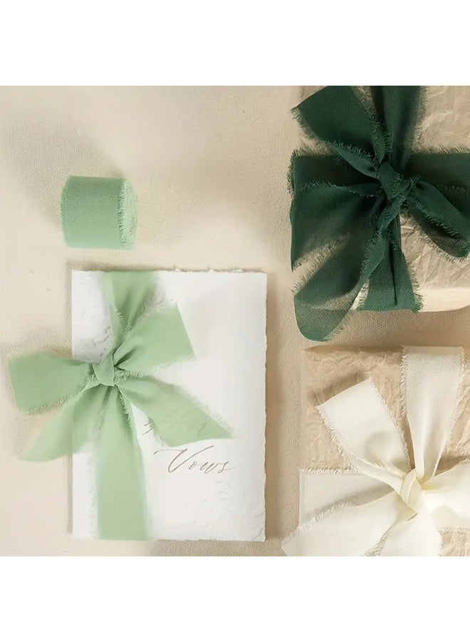 3 لفات من شرائط الشيفون الحريرية المصنوعة يدويًا ذات الحواف الخام وشريط الساتان وربطة عنق زهور الزفاف وشريط الباقة باللونين الأخضر والأبيض - Image 2