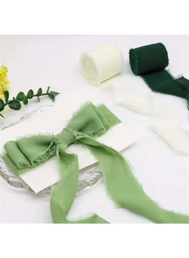 3 لفات من شرائط الشيفون الحريرية المصنوعة يدويًا ذات الحواف الخام وشريط الساتان وربطة عنق زهور الزفاف وشريط الباقة باللونين الأخضر والأبيض - Image 4