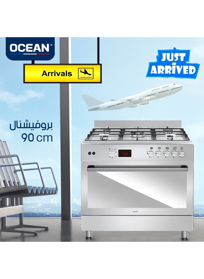 أوشن اوشين بوتاجاز غاز احترافي قائم بذاته، 90 سم، 5 شعلات، جهاز مؤقت رقمي، فرن 110 لتر، فضى، OCGR 9650-17 IP - Image 2