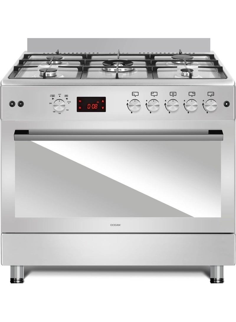أوشن اوشين بوتاجاز غاز احترافي قائم بذاته، 90 سم، 5 شعلات، جهاز مؤقت رقمي، فرن 110 لتر، فضى، OCGR 9650-17 IP - Image 1