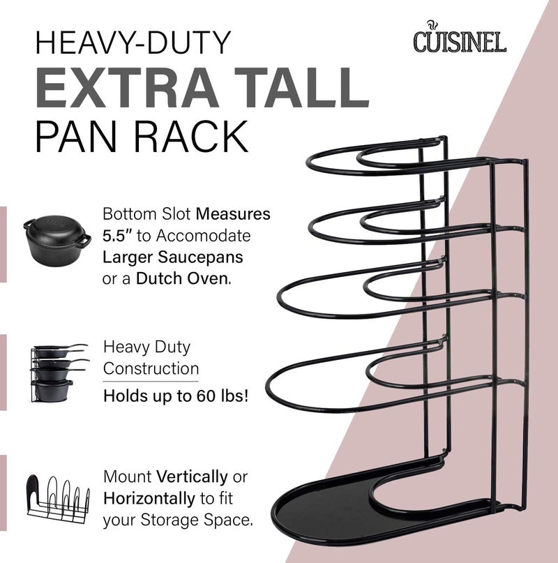 Cuisinel Heavy Duty Pots and Pans Organizer - Extra Large 5-Tier Rack - Holds Cast Iron Skillets, Dutch Oven - Durable Construction - Space Saving Kitchen Storage - No Assembly Required - Black 15.4" - Image 3