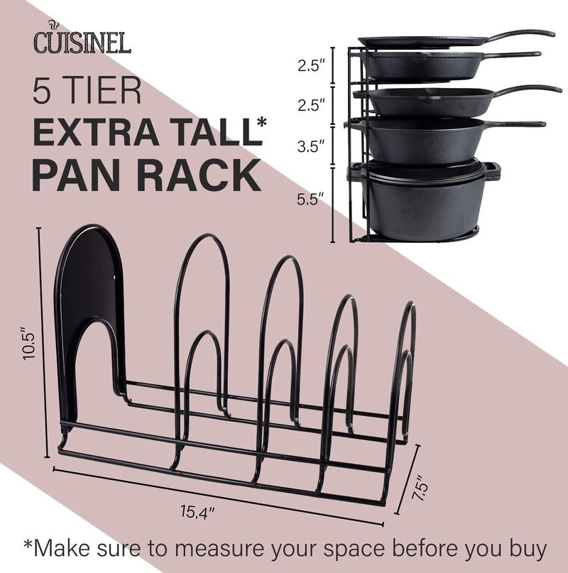 Cuisinel Heavy Duty Pots and Pans Organizer - Extra Large 5-Tier Rack - Holds Cast Iron Skillets, Dutch Oven - Durable Construction - Space Saving Kitchen Storage - No Assembly Required - Black 15.4" - Image 4