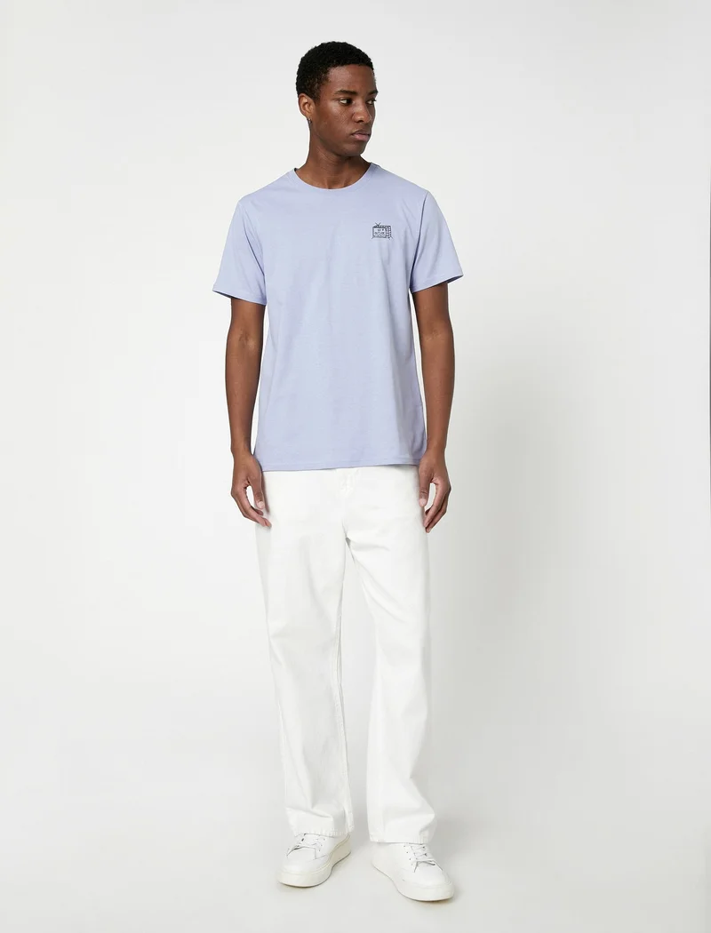 KOTON Slogan Embroidered T-Shirt Crew Neck Cotton Slim Fit