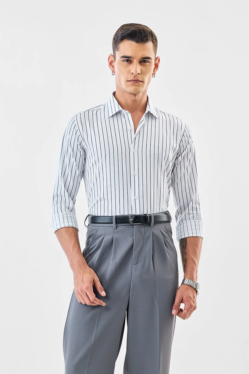 SNITCH White Striped Long Sleeve Slim Fit Formal Luxe Shirt