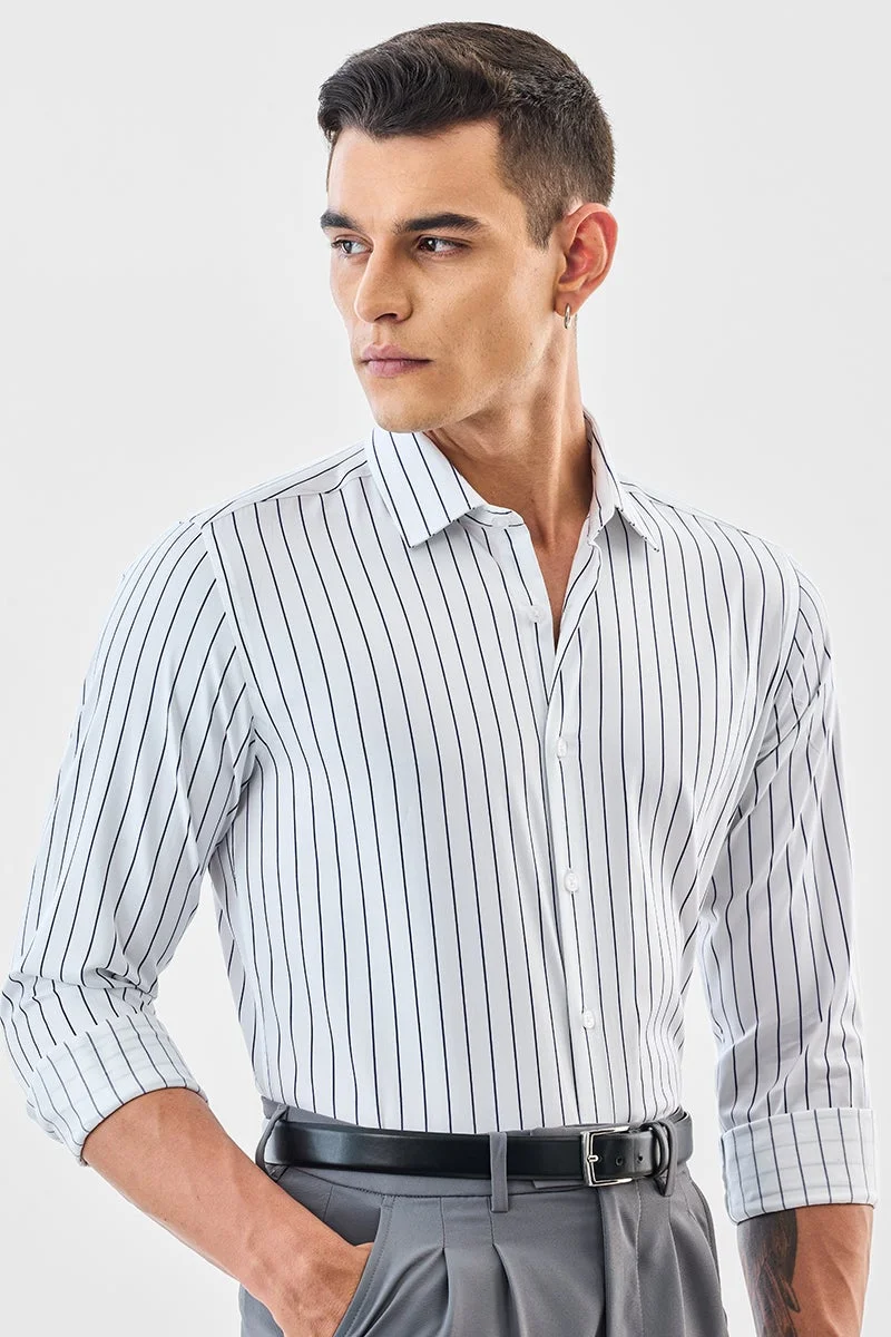 سنيتش White Striped Long Sleeve Slim Fit Formal Luxe Shirt