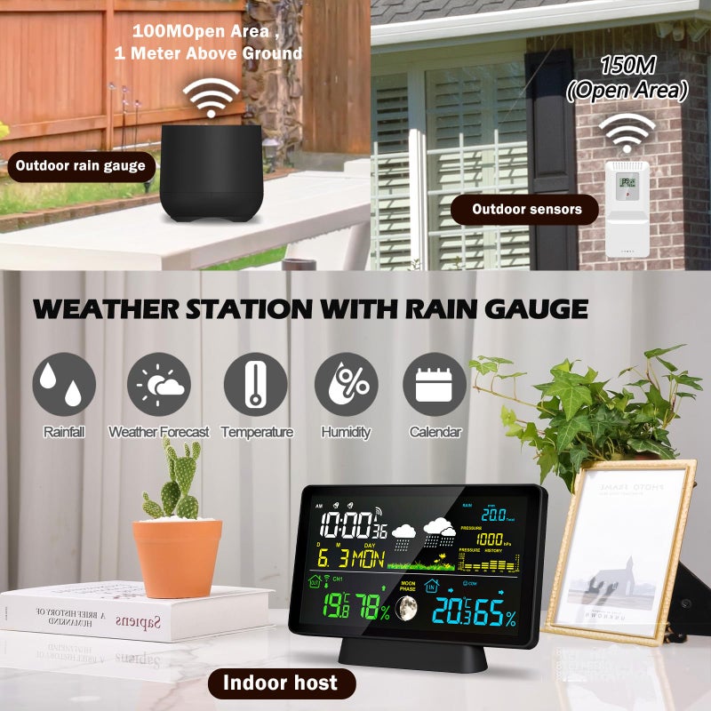 BIUWING Wireless Rain Gauge and Weather Station, Digital Rain Gauge Outdoor Home Weather Stations with Thermometer, Hygrometer, Atomic Clock, Forecast and Barometer, Weather Station with Rain Gauges - Image 2