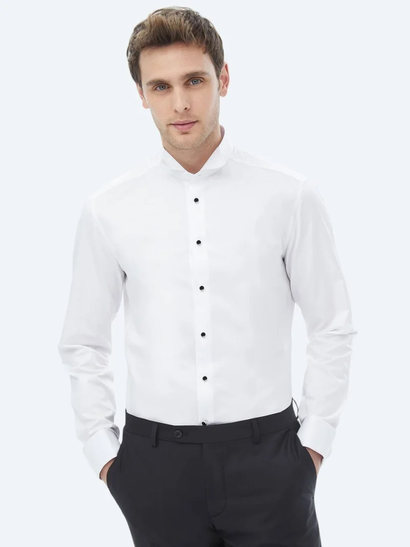 Kip White Plain Slim Fit Double Cuff Tuxedo Shirts