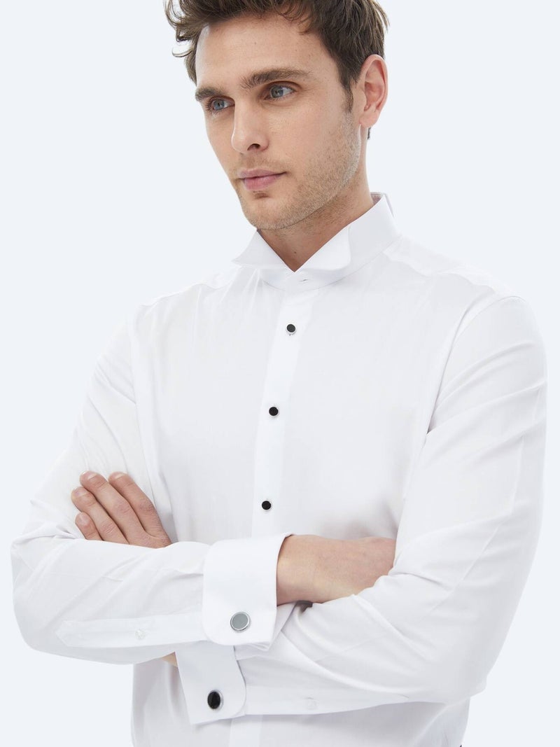 Kip White Plain Slim Fit Double Cuff Tuxedo Shirts - Image 5