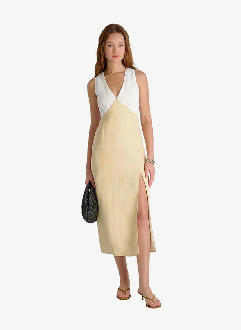 فرنش كونكشن Women's Summer White-Ecru Cooper Linen V-Nck Midi Dress