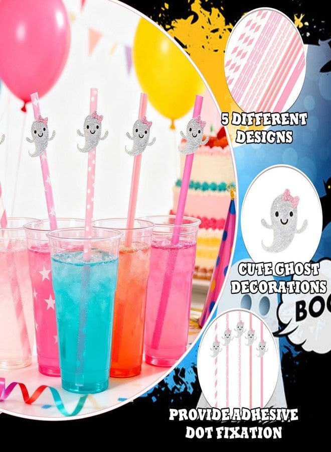 Dreplfn 40Pcs Pink Halloween Paper Straws Cute Glitter Ghosts Girly Halloween Disposable Striped Wavy Dot Straws Bulk for Halloween Baby Shower Birthday Party Favors Supplies - Image 3