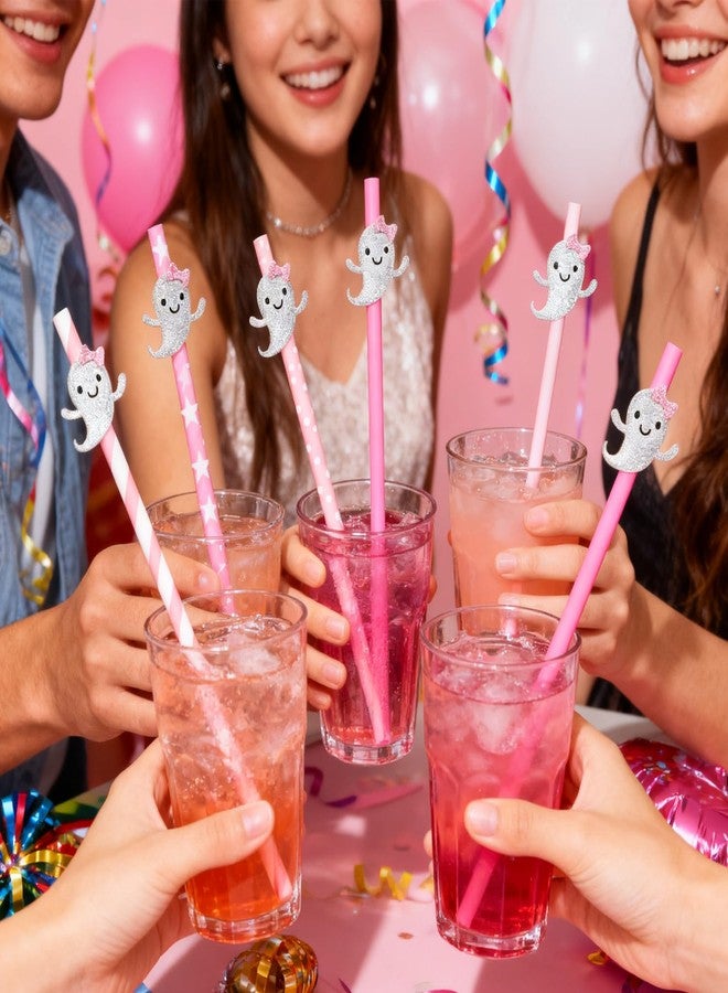 Dreplfn 40Pcs Pink Halloween Paper Straws Cute Glitter Ghosts Girly Halloween Disposable Striped Wavy Dot Straws Bulk for Halloween Baby Shower Birthday Party Favors Supplies - Image 4