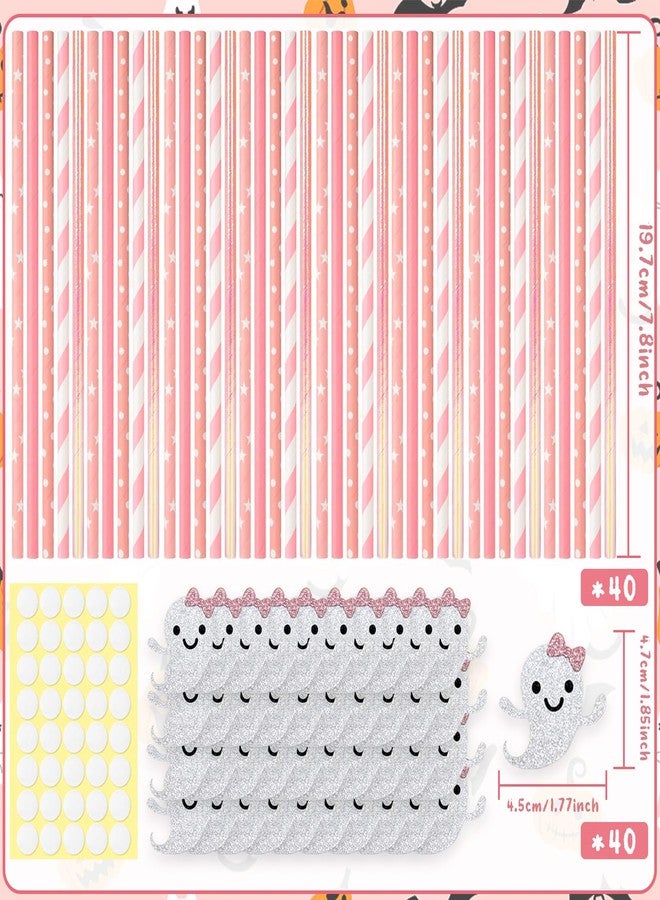 Dreplfn 40Pcs Pink Halloween Paper Straws Cute Glitter Ghosts Girly Halloween Disposable Striped Wavy Dot Straws Bulk for Halloween Baby Shower Birthday Party Favors Supplies - Image 2