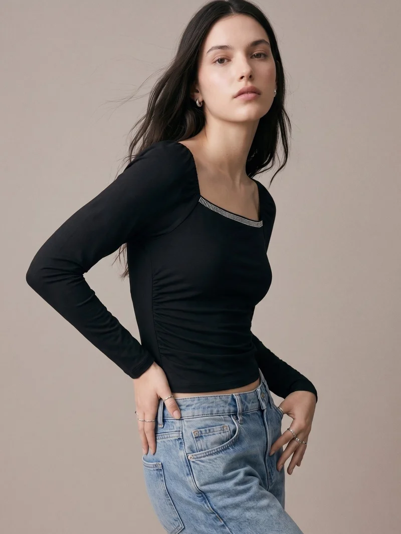 Outzidr  Black Square Studded Neck Top With Sheer Sleeves for Women | Best Price UAE