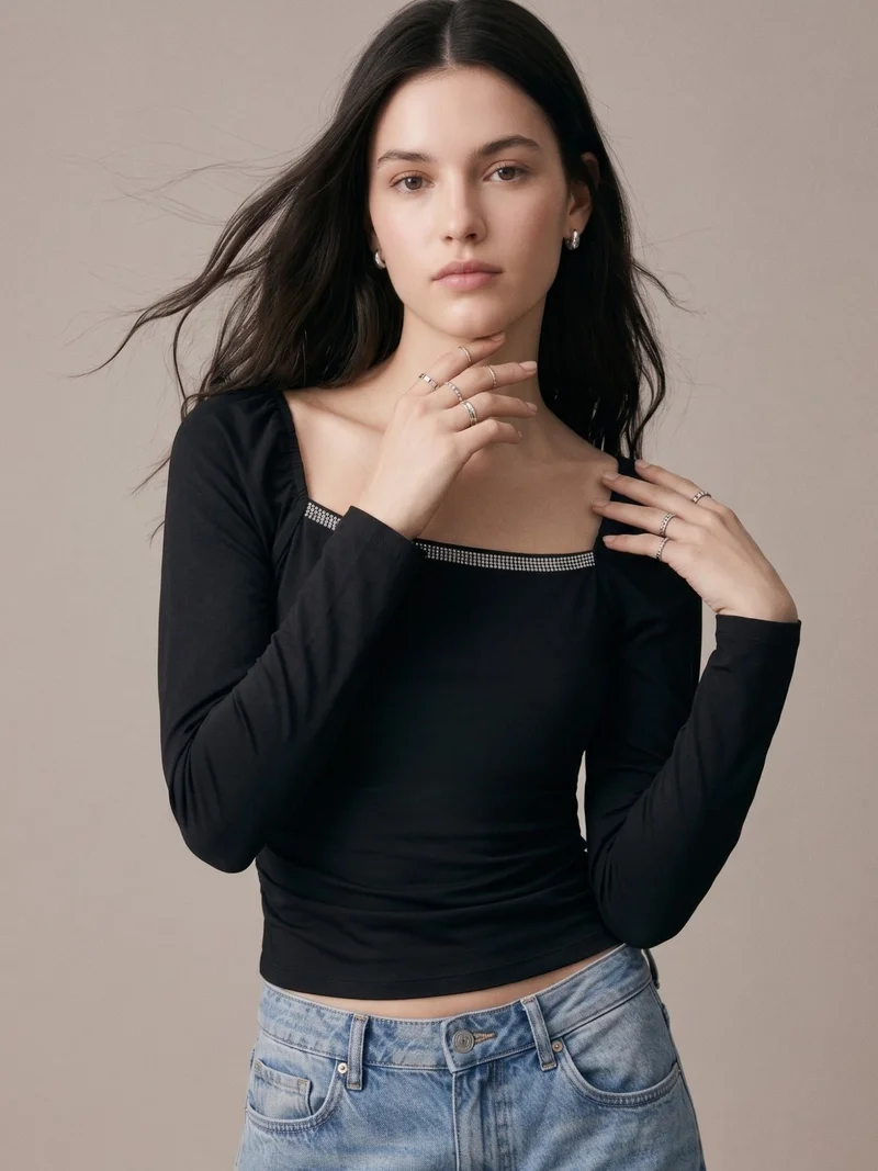 أوجيدر Black Square Studded Neck Top With Sheer Sleeves