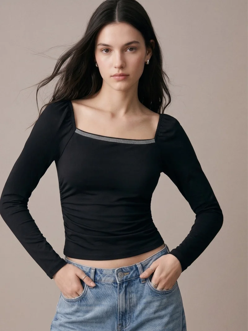 Outzidr  Black Square Studded Neck Top With Sheer Sleeves for Women | Best Price UAE