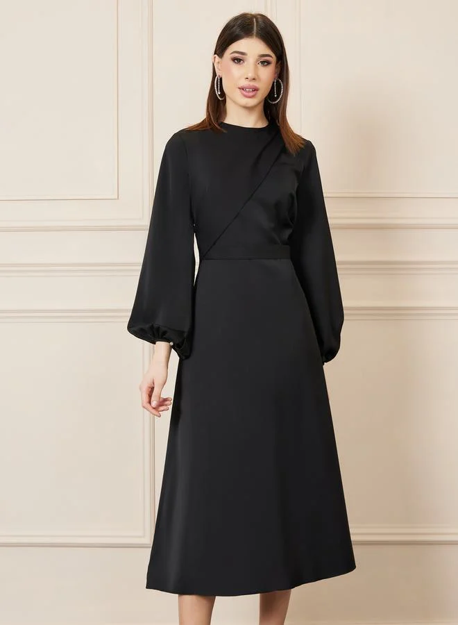 Styli Balloon Sleeves Solid A-line Midi Dress