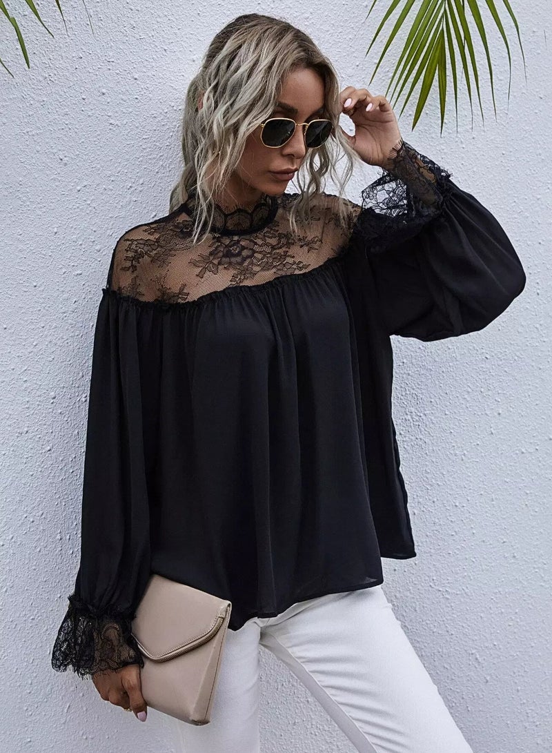 Contrast Eye Lace Flounce Sleeve Blouse  - Image 4