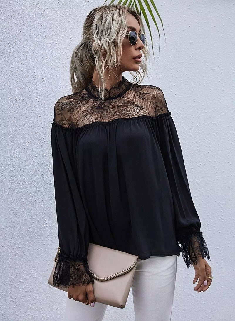 Contrast Eye Lace Flounce Sleeve Blouse  - Image 3