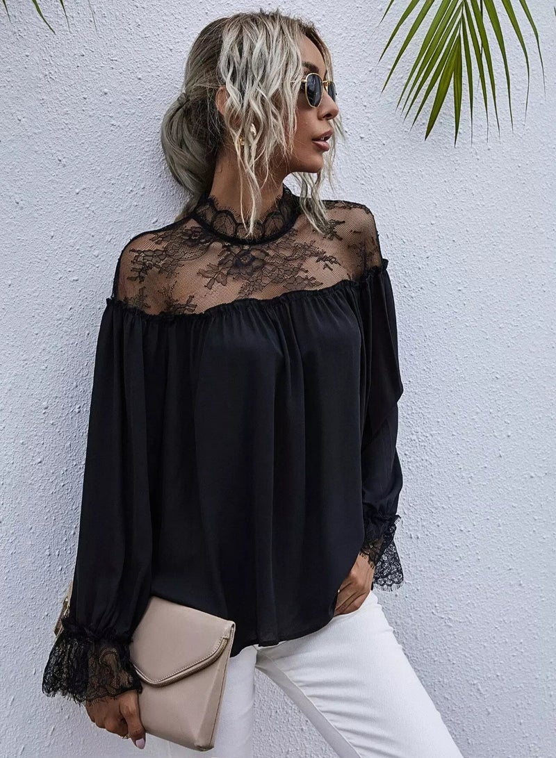 Contrast Eye Lace Flounce Sleeve Blouse  - Image 1